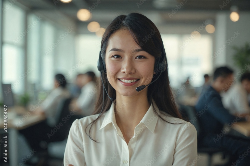 Smiling Young Japanese Customer Service Representative with a Headset Offering Friendly and Helpful Assistance in a Modern Call Center Smiling Young Japanese Customer Service Representative with a Headset Offering Friendly and Helpful Assistance in a Modern Call Center