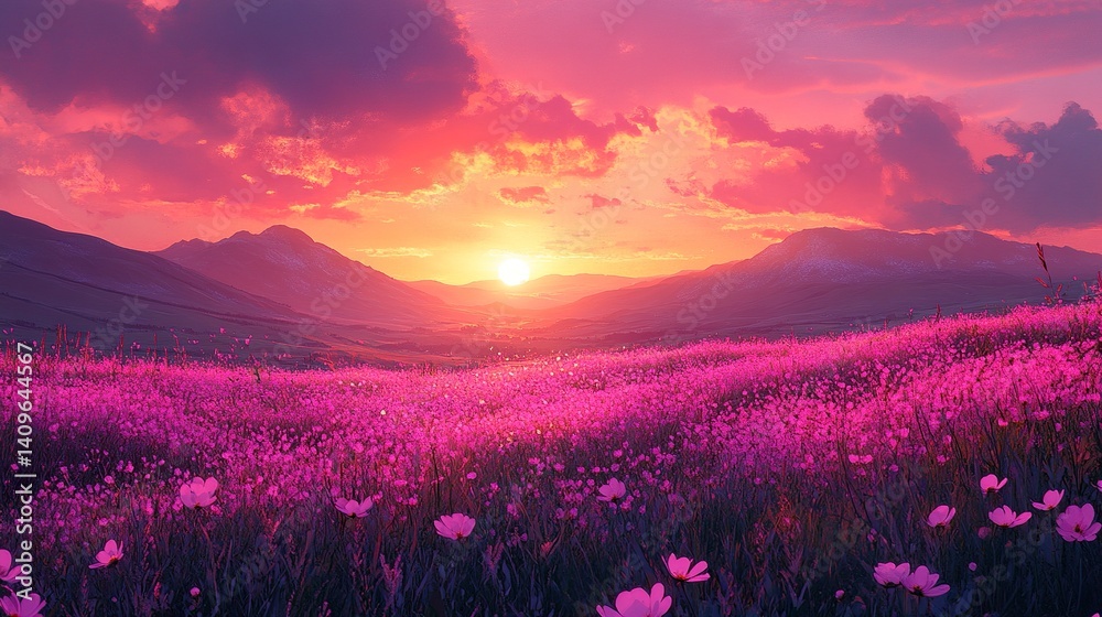 Fototapeta premium Rolling hills with bright pink blossoms under colorful twilight sky, dramatic mountain silhouettes in distance, tranquil and cinematic mood 
