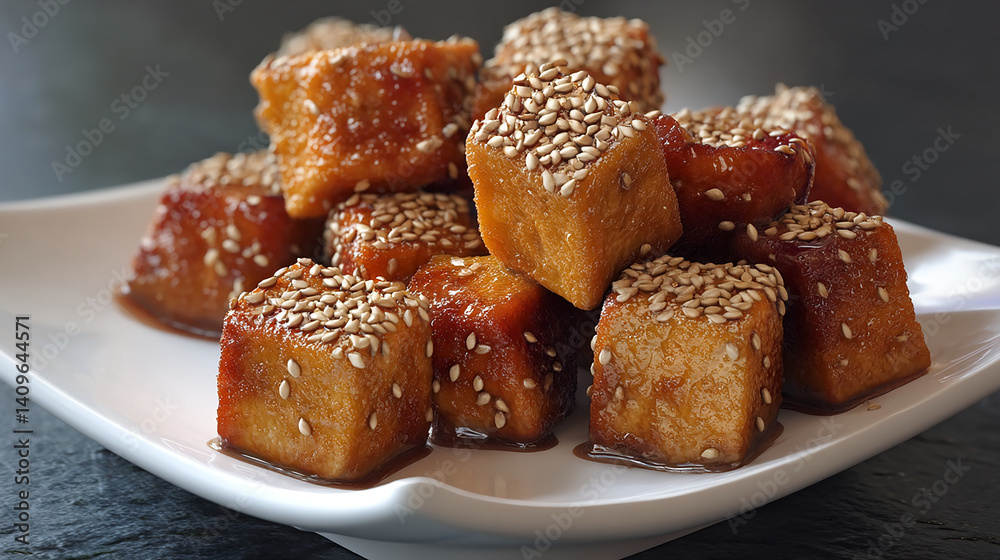 Fried tofu cubes with soy glaze and sesame seeds dip Fried tofu cubes with soy glaze and sesame seeds dip