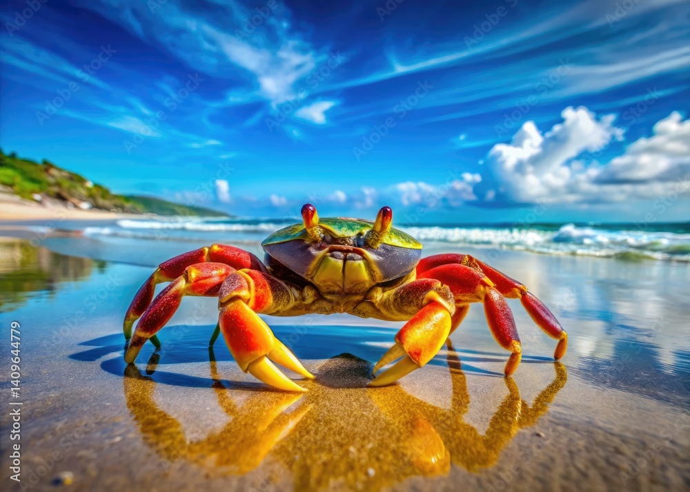 Vibrant crab dominates this stunning coastal close-up, set against crashing waves and a brilliant blue sky. Vibrant crab dominates this stunning coastal close-up, set against crashing waves and a brilliant blue sky.