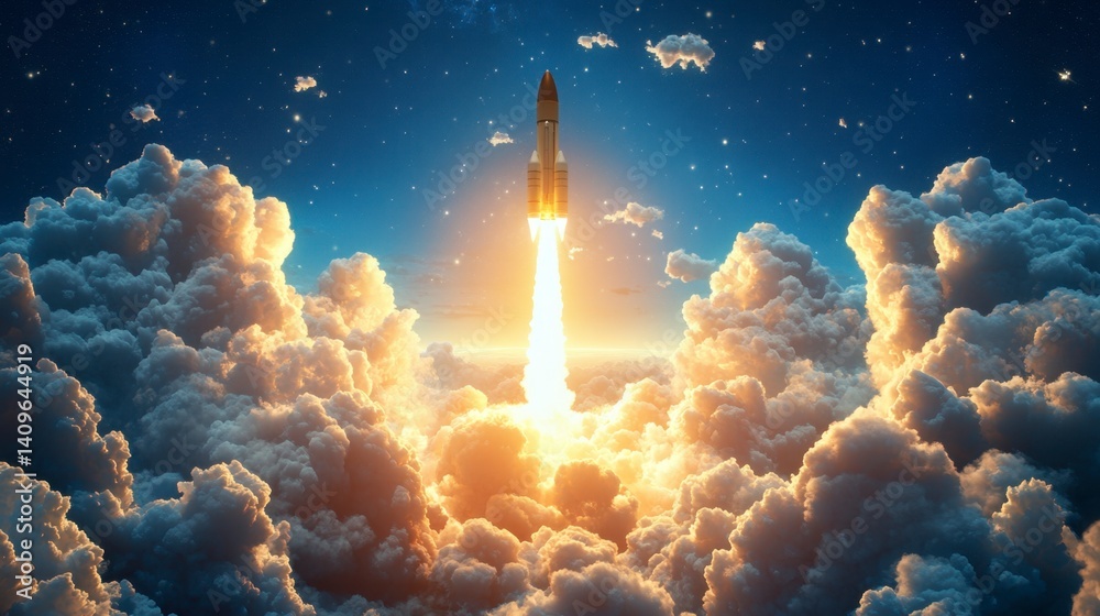 Fototapeta premium Rocket launching through clouds at night, bright fiery trail, stars visible in the dark sky.