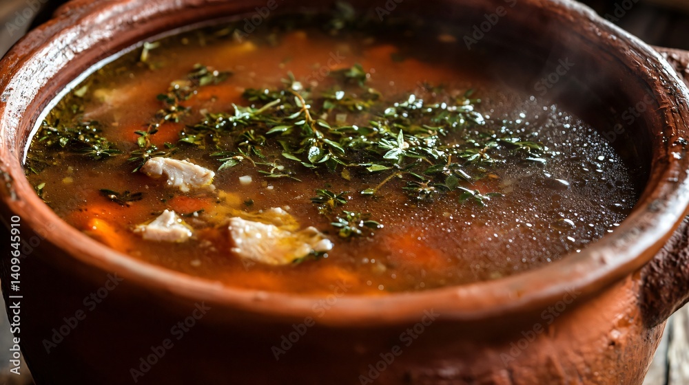 Serving Hot Broth in Rustic Bowl with Herbs Serving Hot Broth in Rustic Bowl with Herbs
