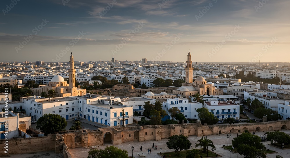 Obraz premium Cityscape View with Mosque Towers and White Buildings at Sunset