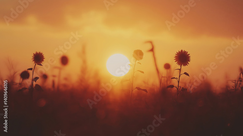 field of sunflowers standing tall against setting sun, creating warm and serene atmosphere