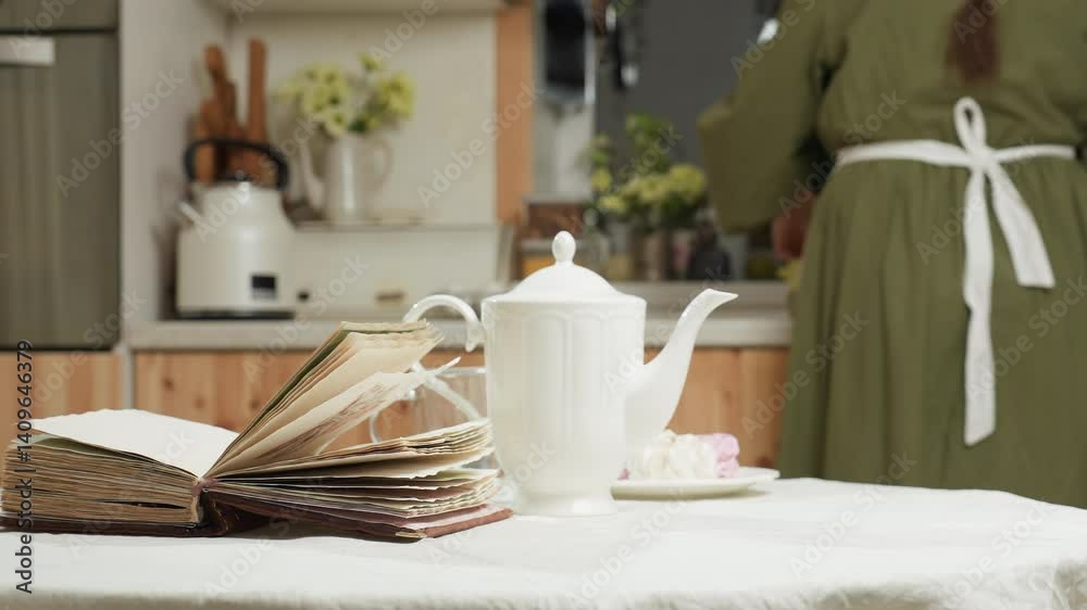 Close up of open book on table beside white ceramic mug and glass cup with woman working in background of cozy kitchen, surrounded by flowers, kettle, and calm morning atmosphere Close up of open book on table beside white ceramic mug and glass cup with woman working in background of cozy kitchen, surrounded by flowers, kettle, and calm morning atmosphere