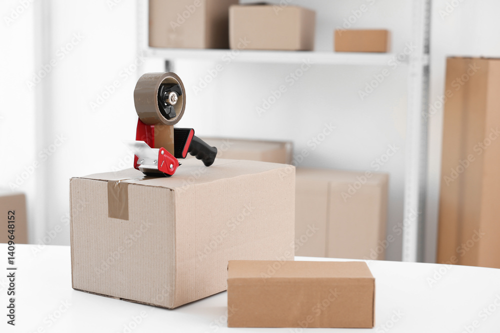 Dispenser with adhesive tape and cardboard boxes on table indoors. Space for text