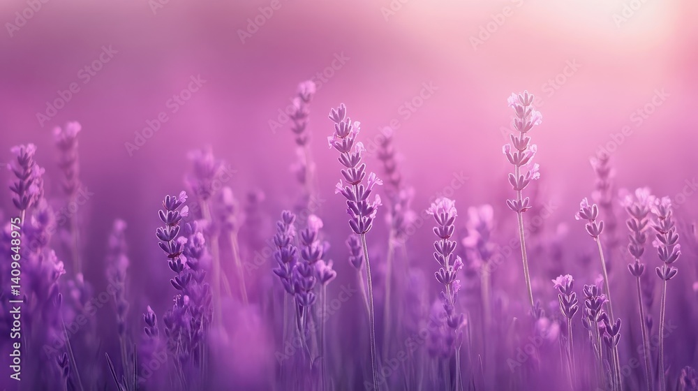 Lavender field bathed in soft, pastel light. Lavender field bathed in soft, pastel light.