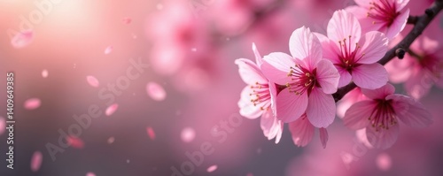 Soft focus, pink sakura petals gently falling against blurred background , falling, blossom