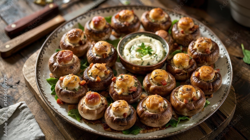 Bacon stuffed button mushrooms on rustic ceramic platter, concentric circles of golden caps with bacon bits and herbed cheese filling, copper bowl of garlic aioli, dark wooden table Bacon stuffed button mushrooms on rustic ceramic platter, concentric circles of golden caps with bacon bits and herbed cheese filling, copper bowl of garlic aioli, dark wooden table