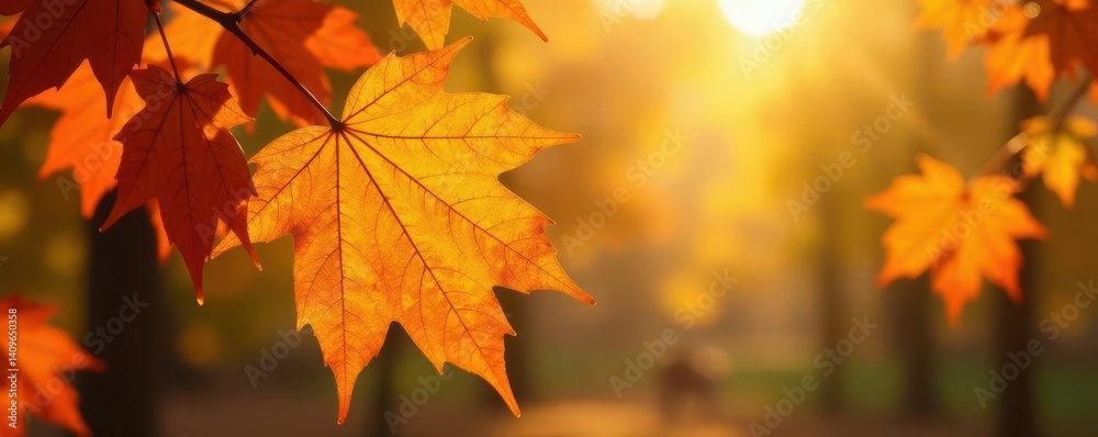 Fototapeta premium Autumn leaves, vibrant gold hues, sunlight dappled , sunlight, close-up, yellow