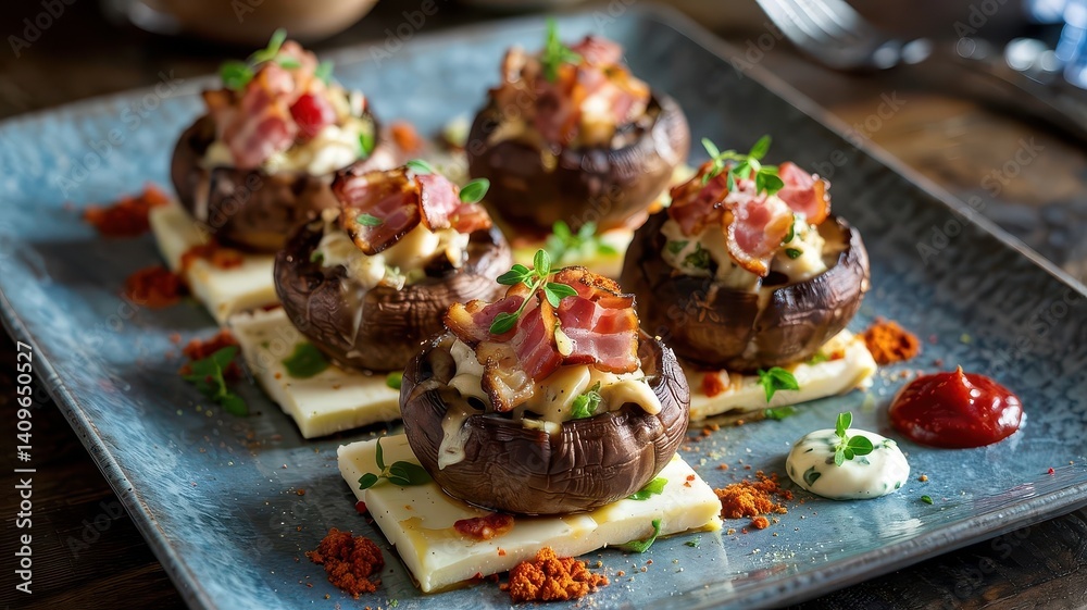Bacon stuffed mushrooms in diagonal arrangement on stone plate, three sauce dots, browned tops, layered filling with crispy bacon, dramatic side lighting, upscale Bacon stuffed mushrooms in diagonal arrangement on stone plate, three sauce dots, browned tops, layered filling with crispy bacon, dramatic side lighting, upscale