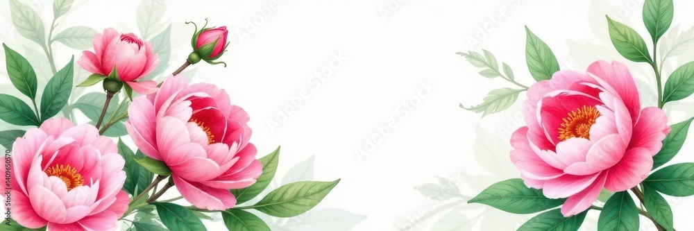 Fototapeta premium Delicate watercolor roses & peonies, lush green leaves, roses, pattern, nature