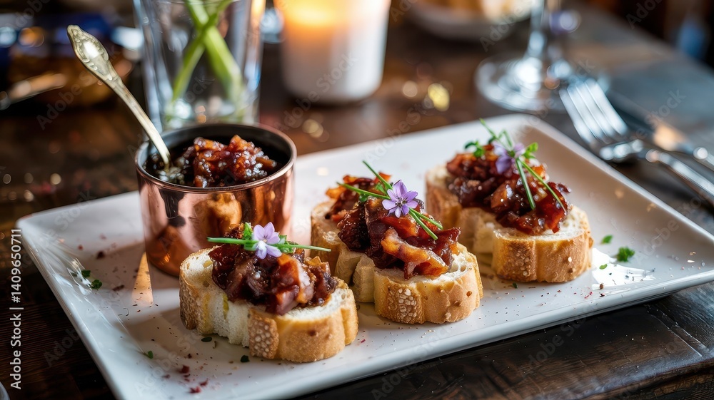 Bacon jam crostini garnished with chives and edible flowers on white ceramic plate with copper vessel of extra spread, photographed in warm golden hour lighting Bacon jam crostini garnished with chives and edible flowers on white ceramic plate with copper vessel of extra spread, photographed in warm golden hour lighting