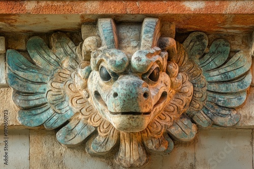 Intricate winged serpent sculpture, a prominent feature of ancient mayan architecture, embodying rich symbolism and cultural heritage
