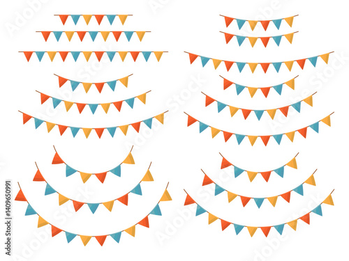 Festive flag garlands triangle buntings isolated on white background for carnival birthday circus aesthetics packaging design greeting cards