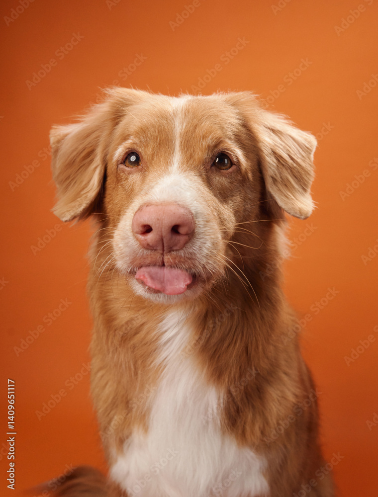 A Nova Scotia Duck Tolling Retriever sticks its tongue out playfully, set against an orange background. The playful gesture adds a fun and light-hearted touch to the portrait. A Nova Scotia Duck Tolling Retriever sticks its tongue out playfully, set against an orange background. The playful gesture adds a fun and light-hearted touch to the portrait.