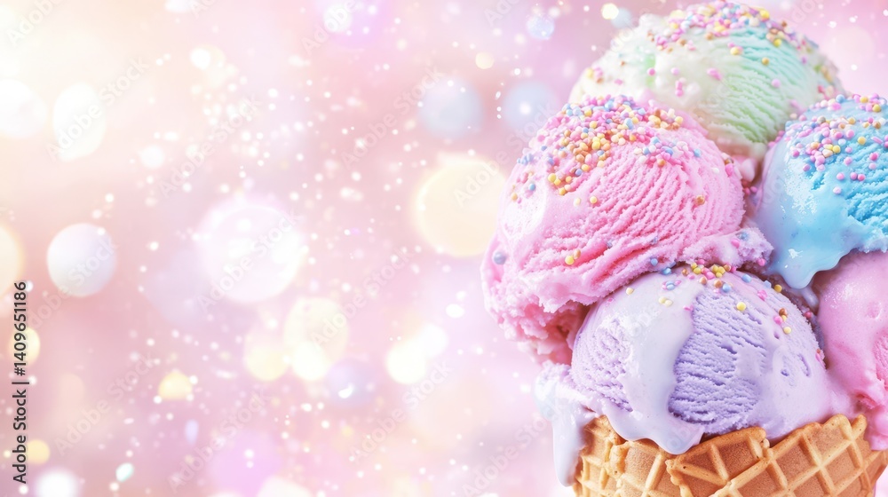 Fototapeta premium Rainbow Ice Cream Cone Dreamscape: a vibrant array of pastel ice cream scoops cascade from a crispy cone, shimmering with a sprinkle of sugary delight against a dreamy background.