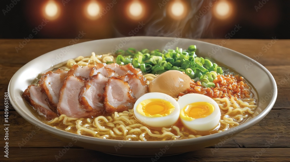 Serving of Ramen Noodles with Pork and Egg on Wood Table Serving of Ramen Noodles with Pork and Egg on Wood Table
