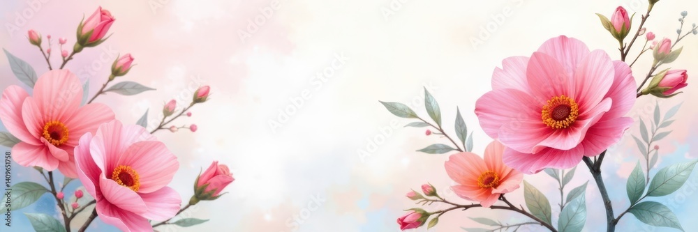 Fototapeta premium Pastel watercolor floral painting, delicate blooms, bright, watercolor, blossom