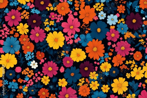 Vibrant seamless pattern featuring colorful flowers on a dark background, creating a cheerful and lively design