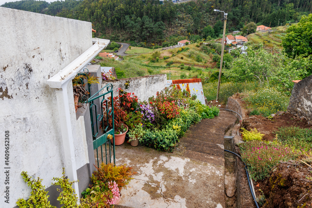 Stairs in Camacha mountainous town in municipality of Santa Cruz, Madeira Island, Portugal