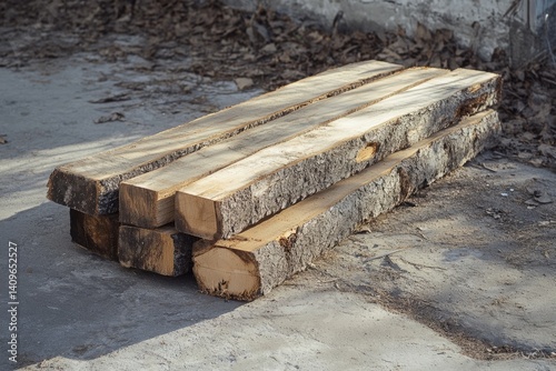 Partially debarked square logs are drying on a concrete surface, ready for woodworking and construction
