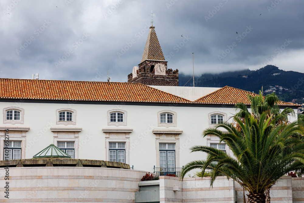 Tower of Cathedral of Our Lady of the Assumption and Legislative Assembly in Funchal, Madeira, Portugal