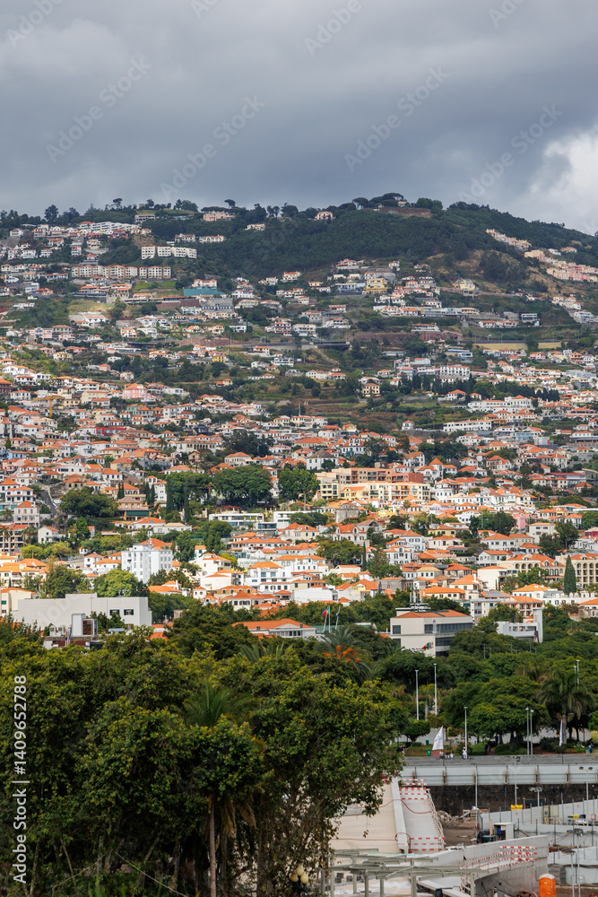 Aerial view of Funchal city, capital of Madeira Island, Portugal