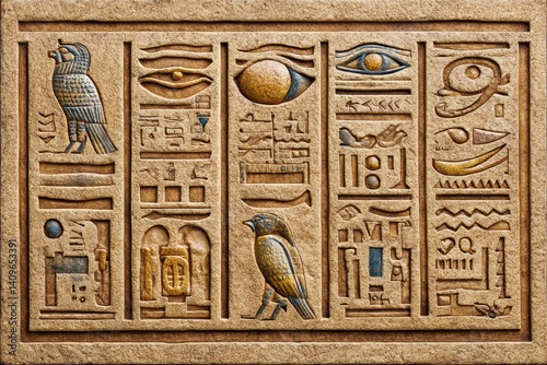 Ancient Stone Carving with Hieroglyphs and Bird Imagery