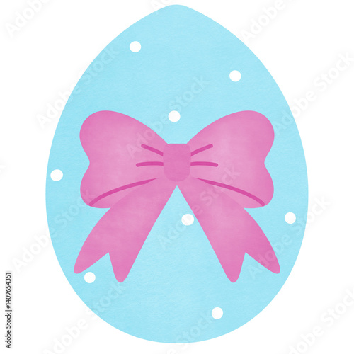 Ester egg in blue with a pink bow, watercolor, isolated on transparent background