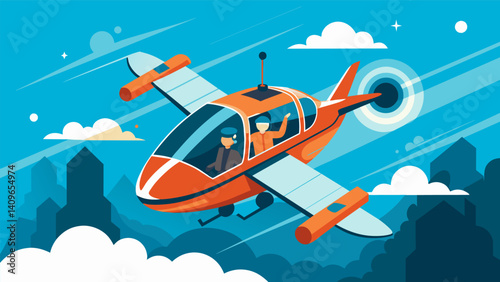 As the air taxi takes off into the sky the pilot cant help but feel a sense of wonder and excitement from operating such a technologically advanced and futuristic pit.. Vector illustration