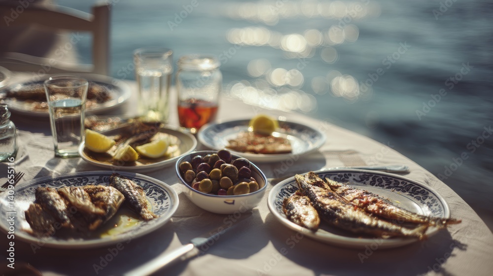 Al fresco dining by the sea, with plates of grilled fish, olives, and lemon wedges.
