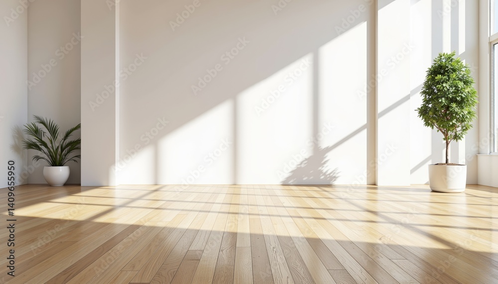 Fototapeta premium Bright empty room with wooden floor and potted plants