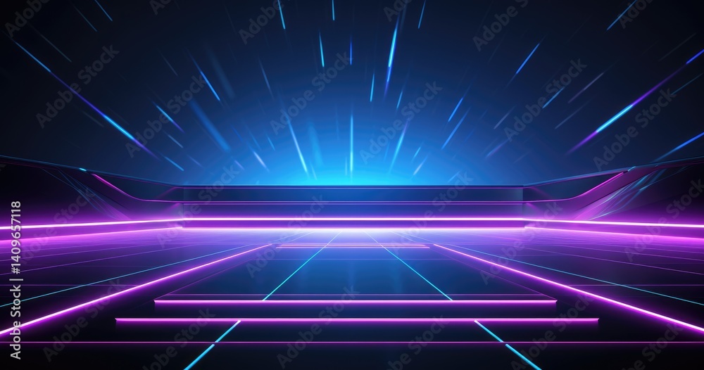 A futuristic background with neon purple and blue tones, featuring glowing grid lines on an empty stage for product display or digital advertisement.