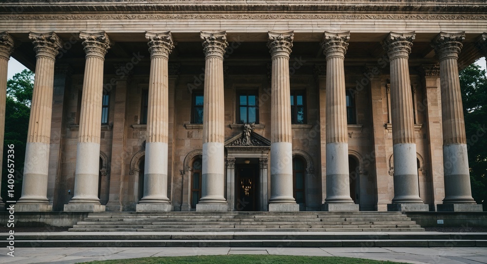Naklejka premium A historical government building with tall pillars and intricate carvings on the façade cinematic view background 