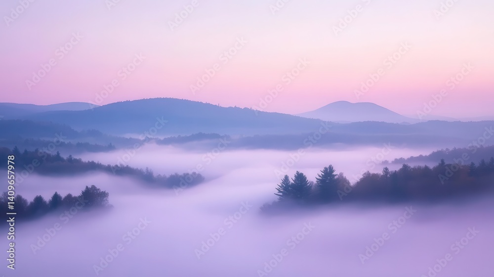 Fototapeta premium Misty mountain range at dawn, painted in pastel hues.