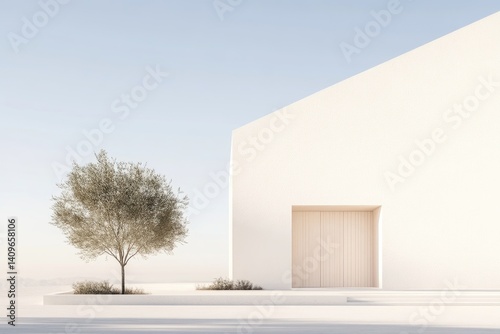Minimalist contemporary home exterior with a single olive tree.  Light and airy, modern architecture