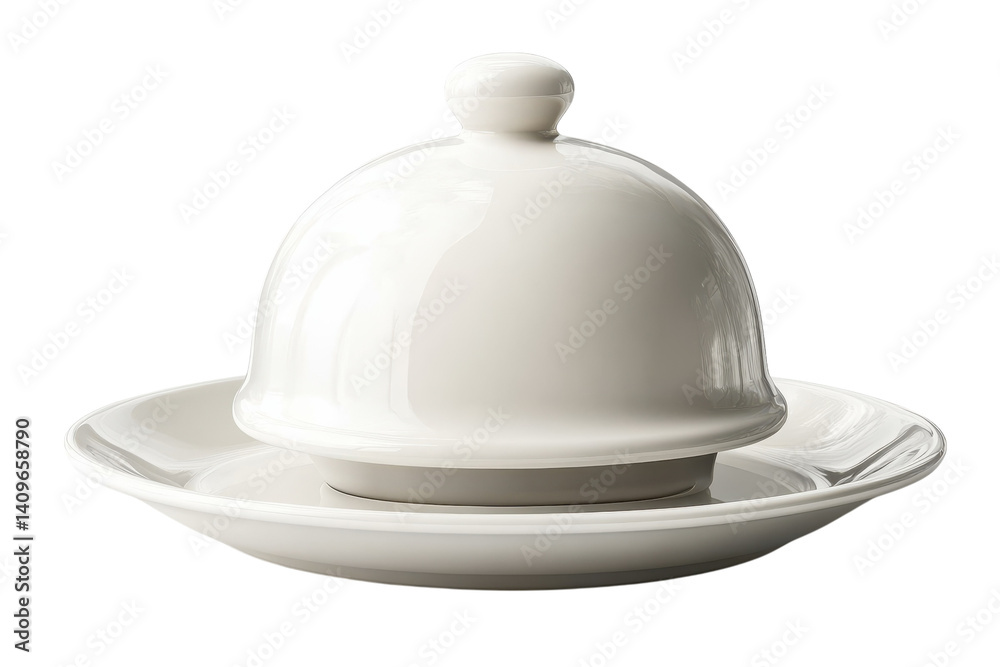 Fototapeta premium Elegant white porcelain butter dish with dome lid perfect for serving adds on transparent background