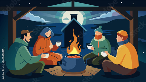 As a storm rages outside a group of friends seek shelter in a cozy cabin huddled in a circle around a pot of mate to keep warm and pass the time.. Vector illustration