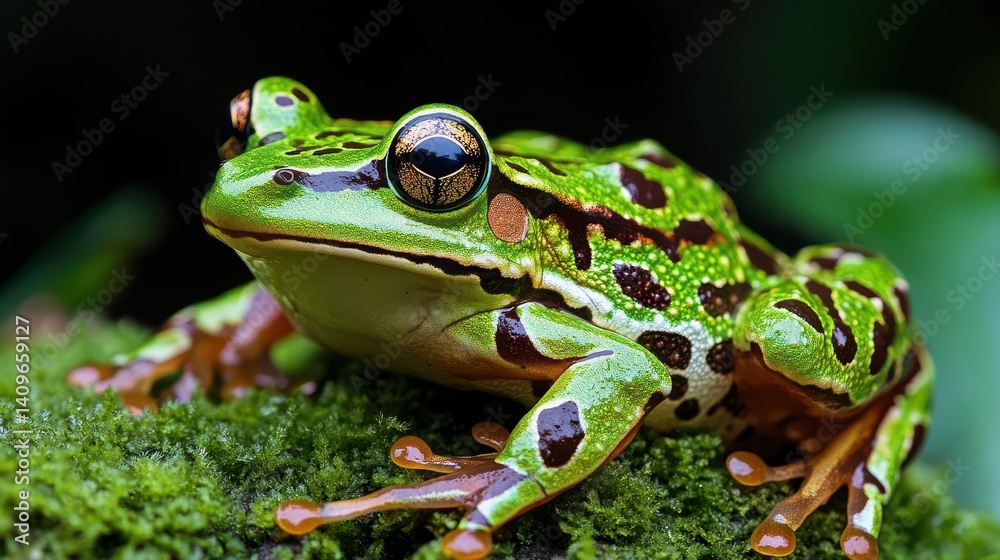 Fototapeta premium Vibrant green and black frog resting on moss.