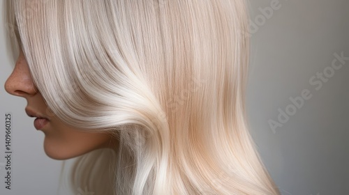 Close-up profile view of beautifully styled, light blonde hair. photo