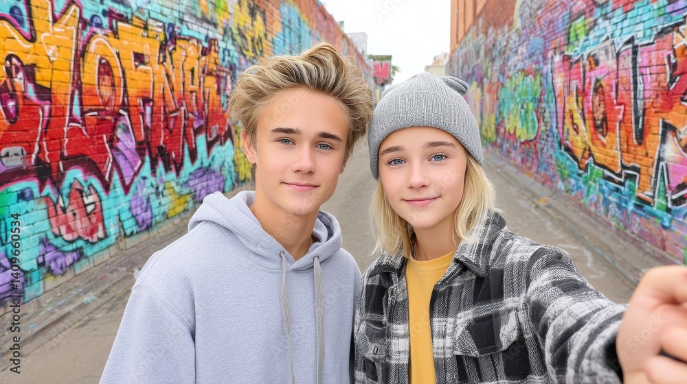 Obraz premium Smiling Teenagers Selfie Urban Graffiti Alleyway Colorful Winter Fashion