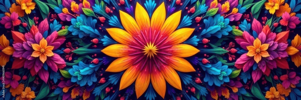 Obraz premium Radiating floral motif, intersecting geometric forms, vibrant hues , flowers, fan