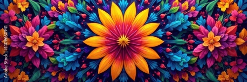 Radiating floral motif, intersecting geometric forms, vibrant hues , flowers, fan