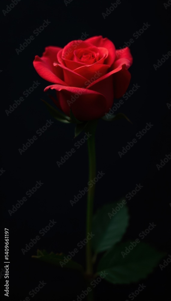 Fototapeta premium Single red rose against dark background, dramatic lighting , macro, passion, moody