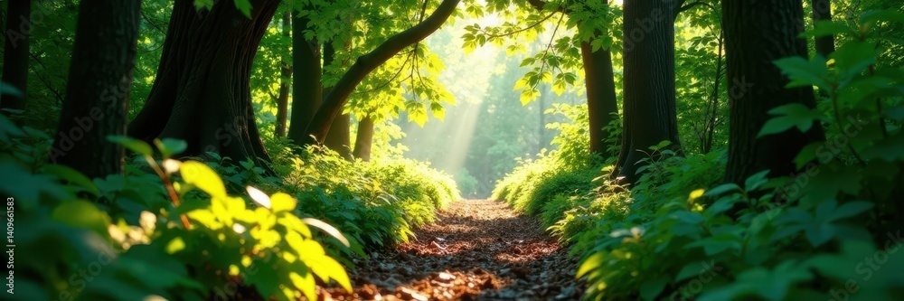 Obraz premium Sun-dappled forest path, overgrown with vines, mossy, high resolution, summer