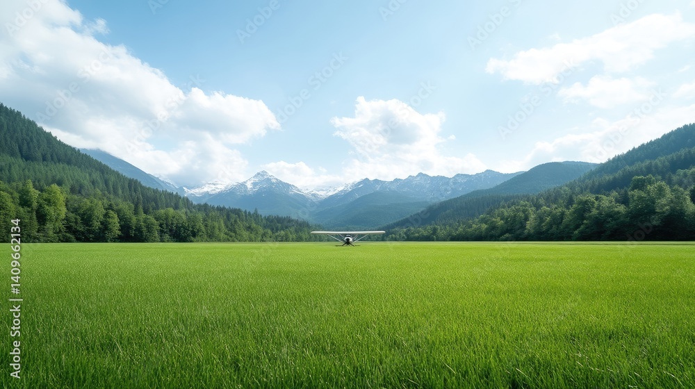 Lush green field stretches to majestic mountains Lush green field stretches to majestic mountains