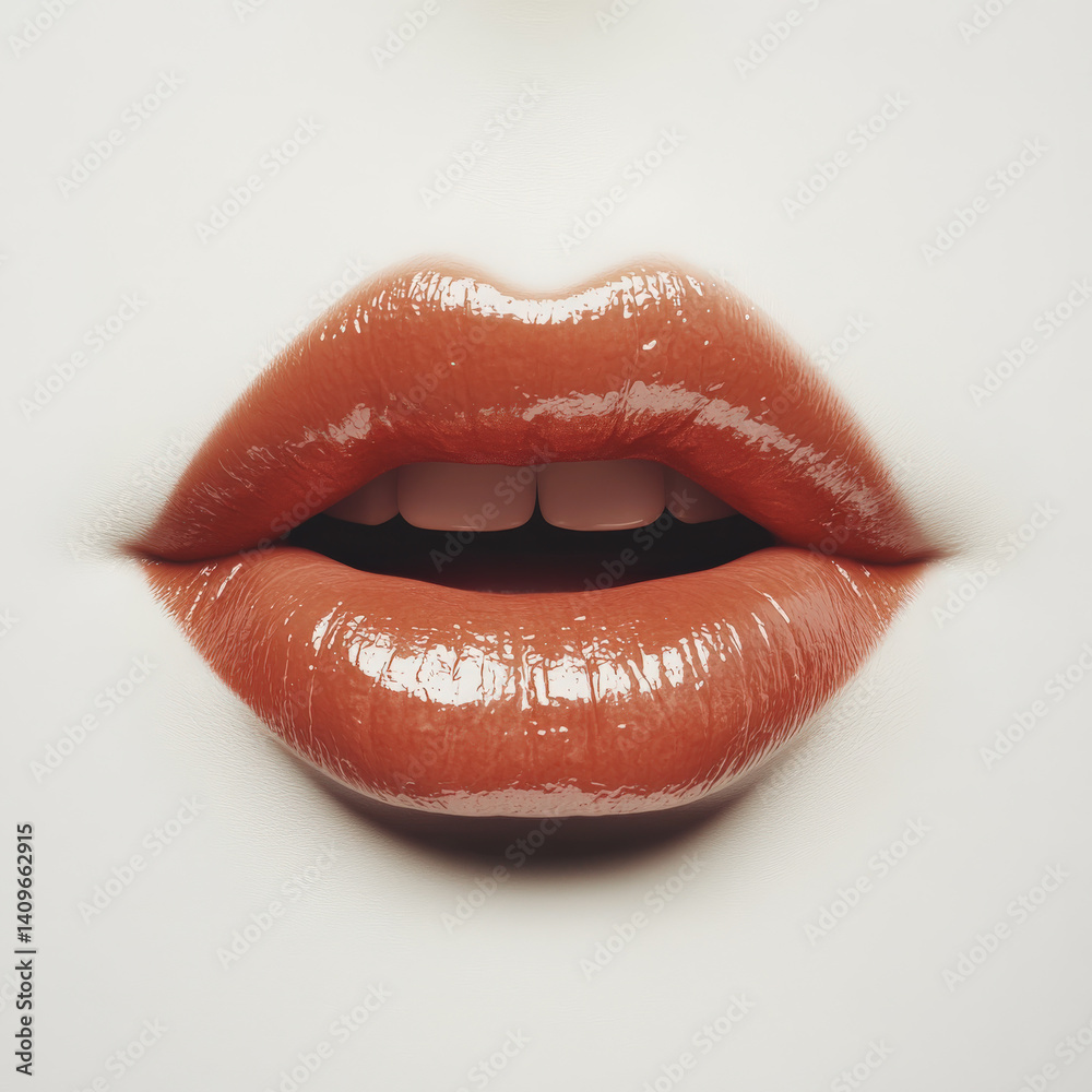Obraz premium fondo abstracto minimalista con abios de mujer rojos, dientes blancos y piel clara con maquillaje casi blanco. Concepto belleza de la piel