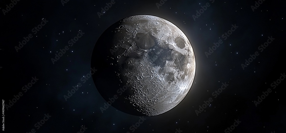 Naklejka premium Full moon view with craters visible, stars shining. Science, astronomy
