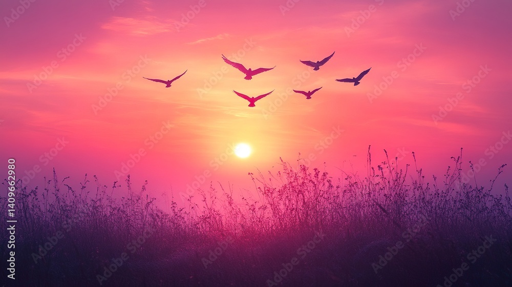 Fototapeta premium Silhouetted birds soaring in pastel-colored dawn sky with glowing sun rays, frontal perspective, serene and uplifting scene 